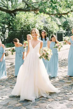 A Line Brush Train Deep V Neck Sleeveless Layers Wedding Dress AHC562