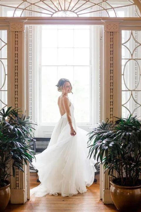A Line Brush Train Deep V Neck Sleeveless Layers Wedding Dress AHC562