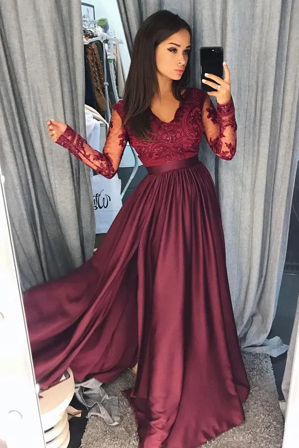 Burgundy A Line Brush Train V Neck Long Sleeve Lace Prom Dress AHC552