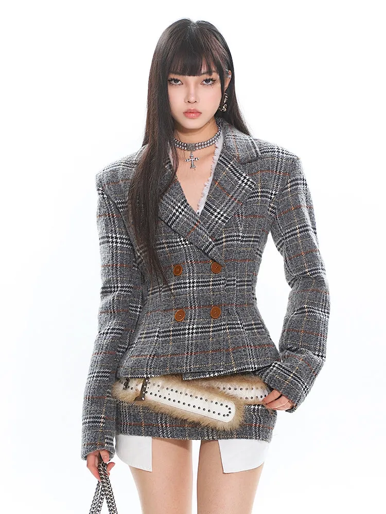 Double-Breasted Plaid Blazer and Micro Mini Skirt Two Piece Set