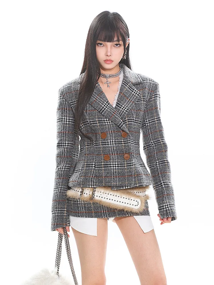 Double-Breasted Plaid Blazer and Micro Mini Skirt Two Piece Set