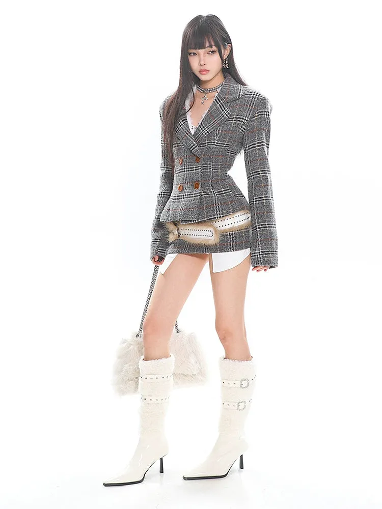 Double-Breasted Plaid Blazer and Micro Mini Skirt Two Piece Set
