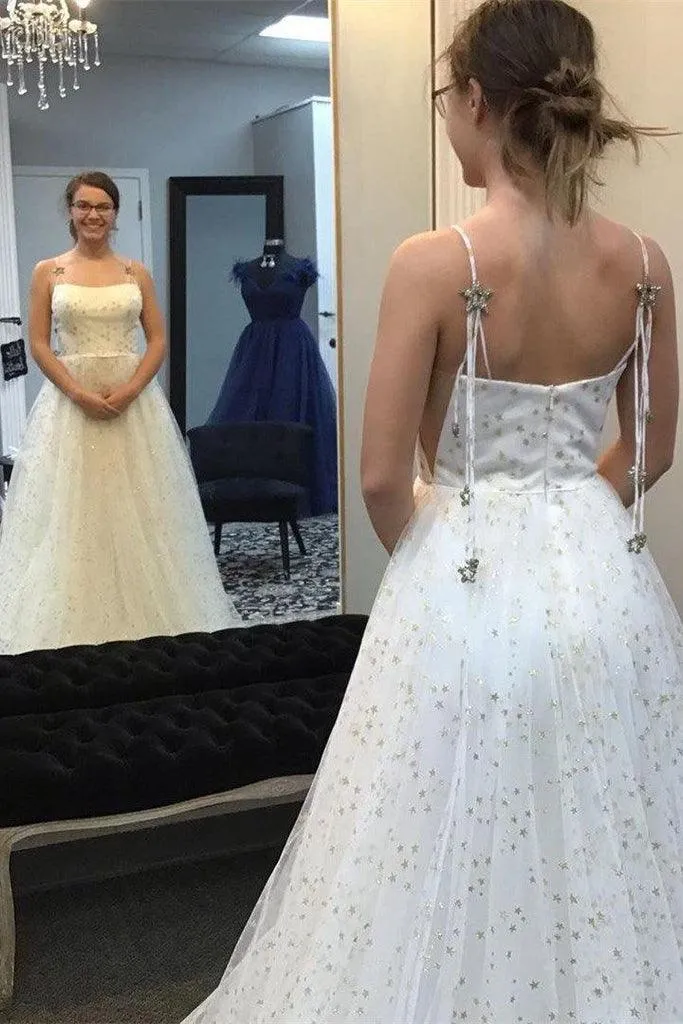 Elegant A-Line Straps Light Blue Long Prom Dress With Stars TP1126