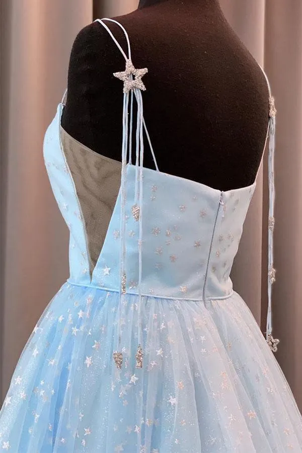 Elegant A-Line Straps Light Blue Long Prom Dress With Stars TP1126