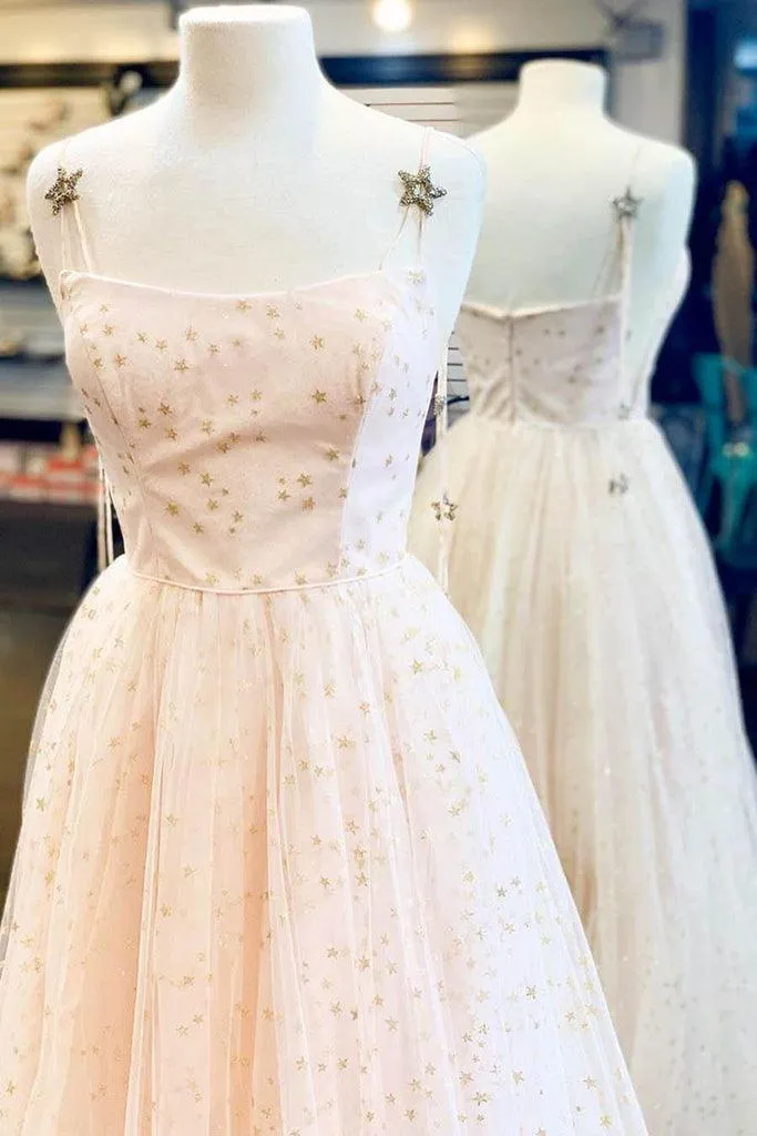Elegant A-Line Straps Light Blue Long Prom Dress With Stars TP1126