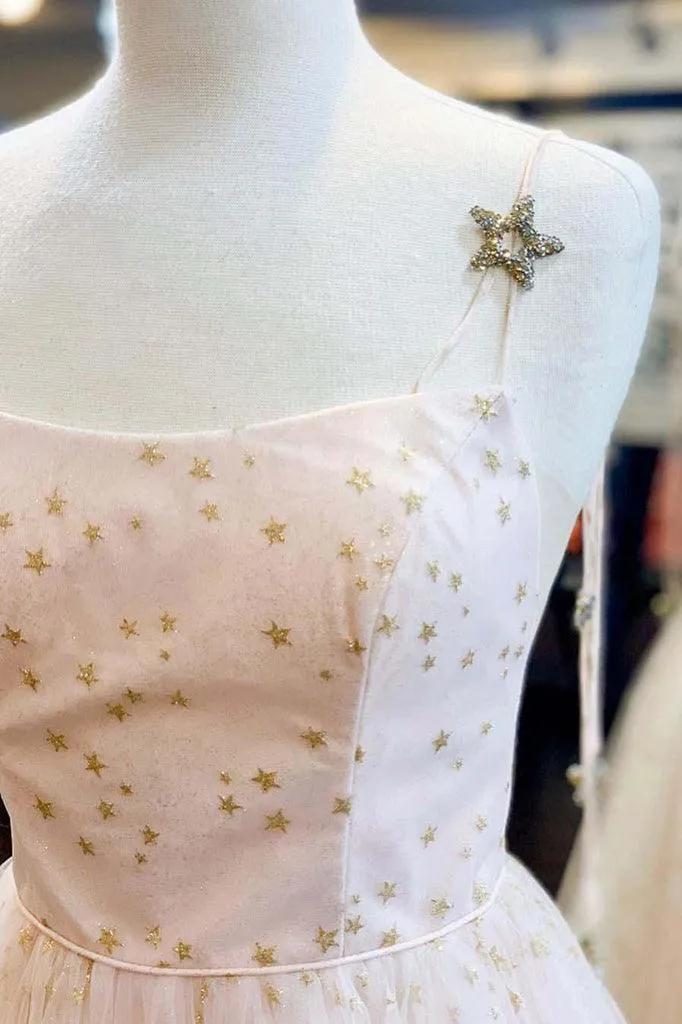 Elegant A-Line Straps Light Blue Long Prom Dress With Stars TP1126
