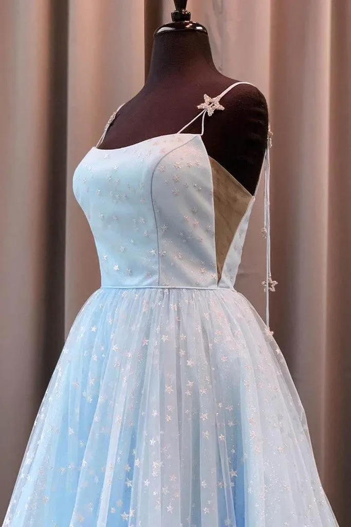 Elegant A-Line Straps Light Blue Long Prom Dress With Stars TP1126