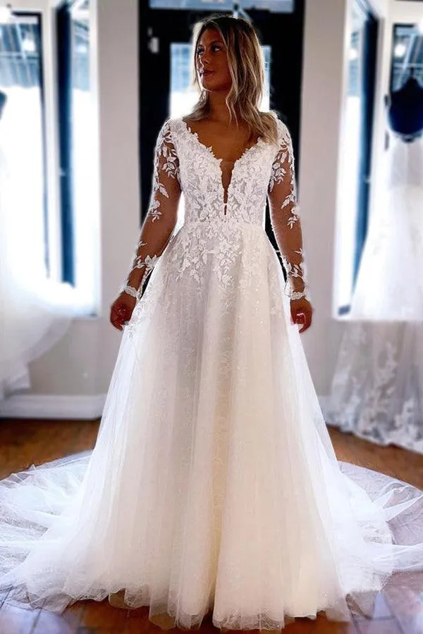Elegant A-line V Neck Lace Wedding Dresses With Long Sleeves TN296