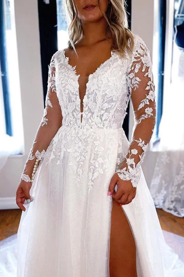 Elegant A-line V Neck Lace Wedding Dresses With Long Sleeves TN296
