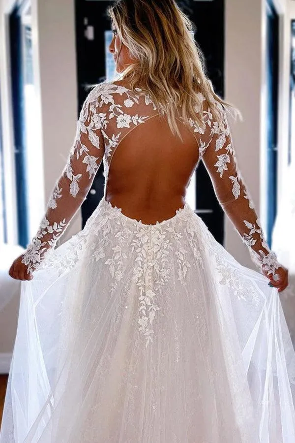 Elegant A-line V Neck Lace Wedding Dresses With Long Sleeves TN296