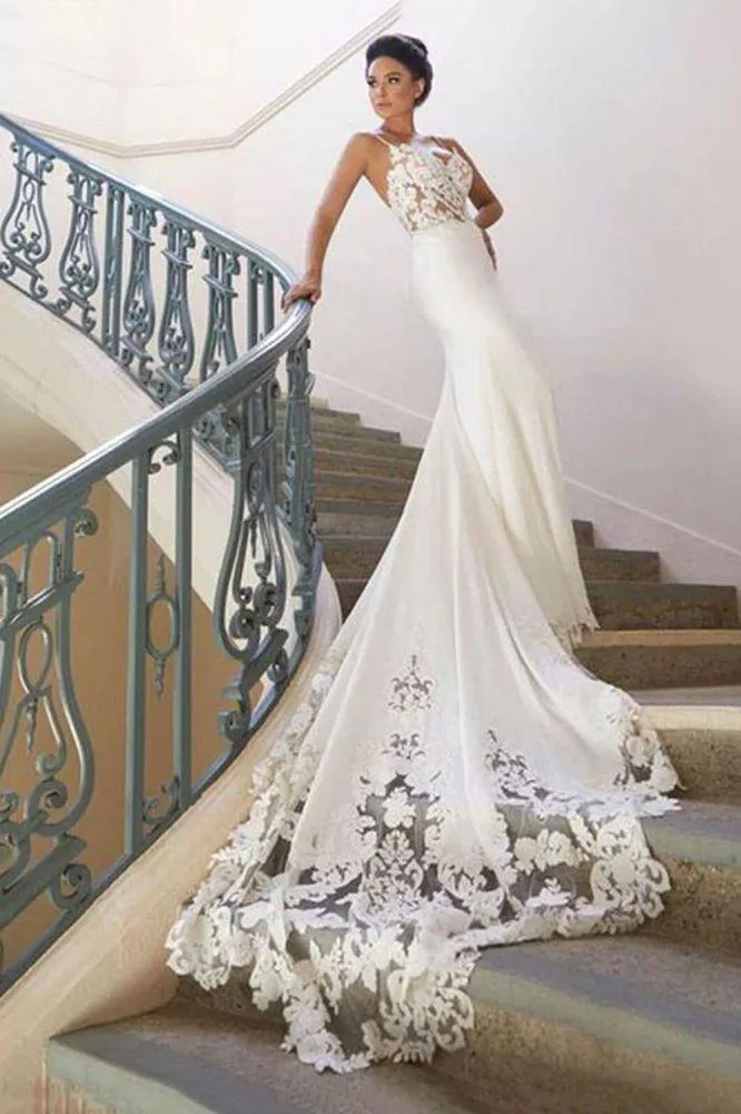 Elegant Spaghetti Straps Mermaid Wedding Dresses With Applique Court Train TN176