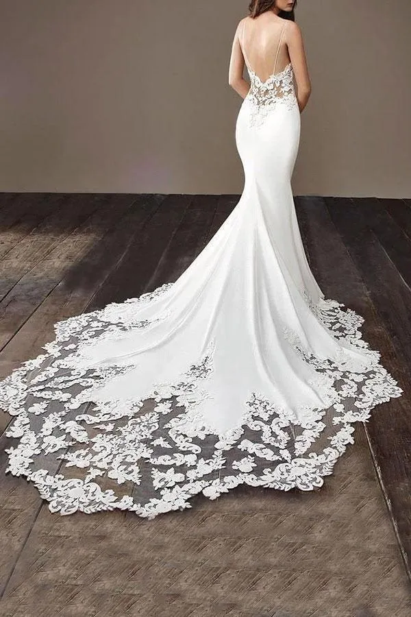 Elegant Spaghetti Straps Mermaid Wedding Dresses With Applique Court Train TN176