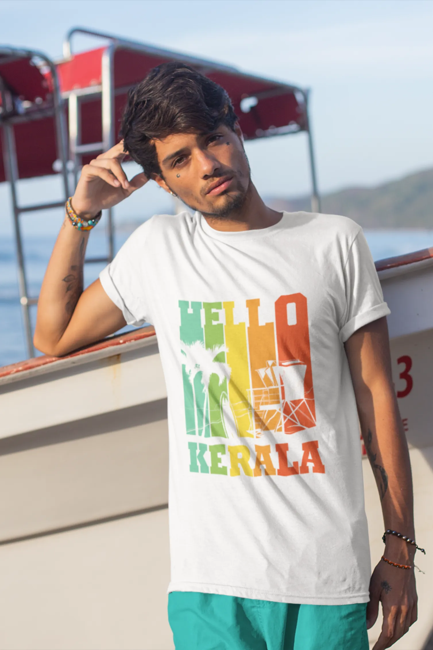 Hello Kerala White Printed T-shirt for men