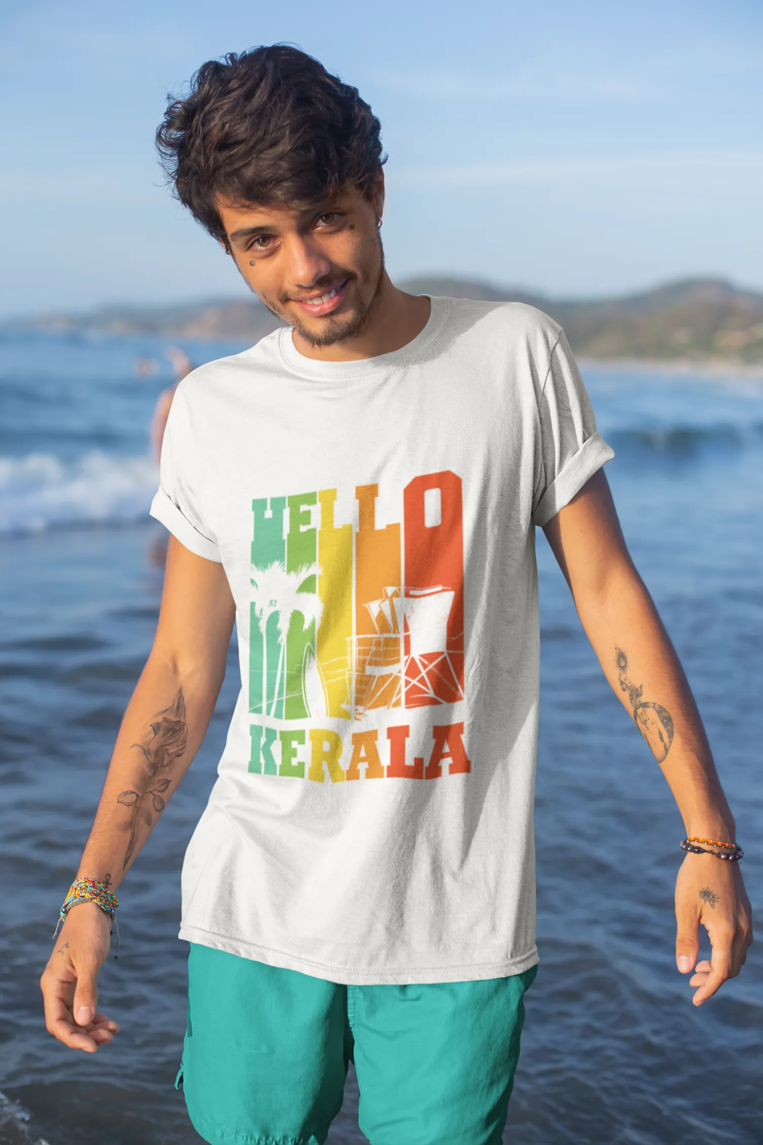 Hello Kerala White Printed T-shirt for men