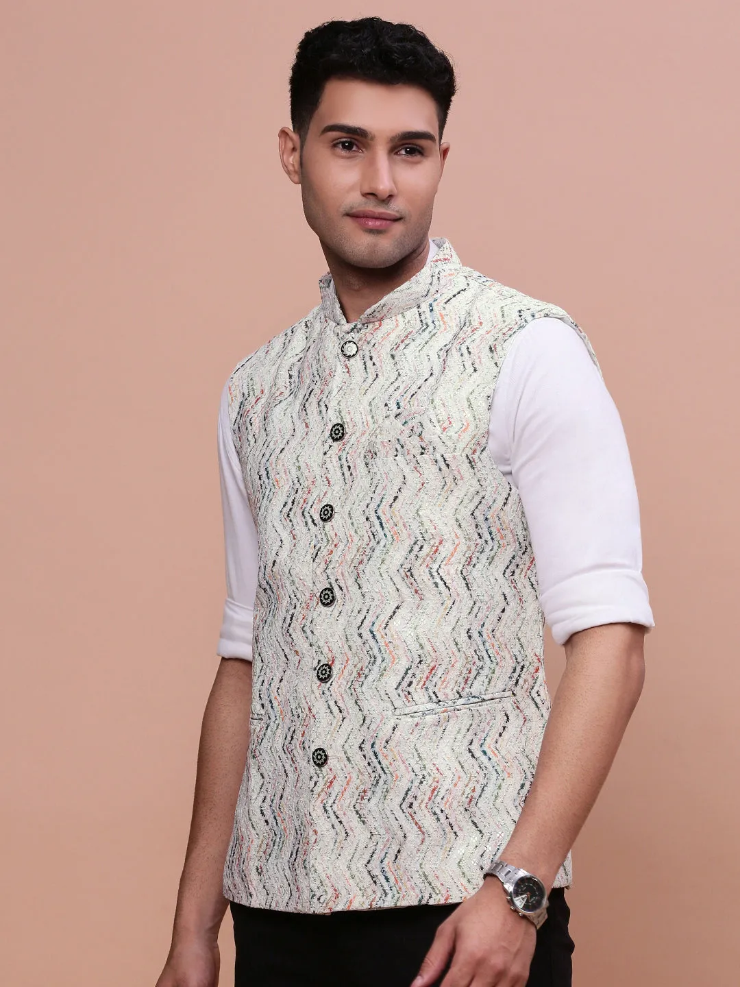 Men Embellished Cream Slim Fit Nehru Jacket