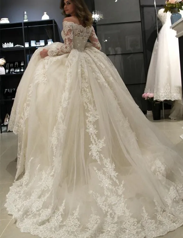 Off the Shoulder White Wedding Party Dresses Ball Gown with Appliques PDA021