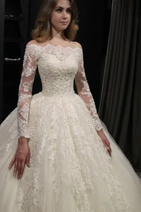 Off the Shoulder White Wedding Party Dresses Ball Gown with Appliques PDA021