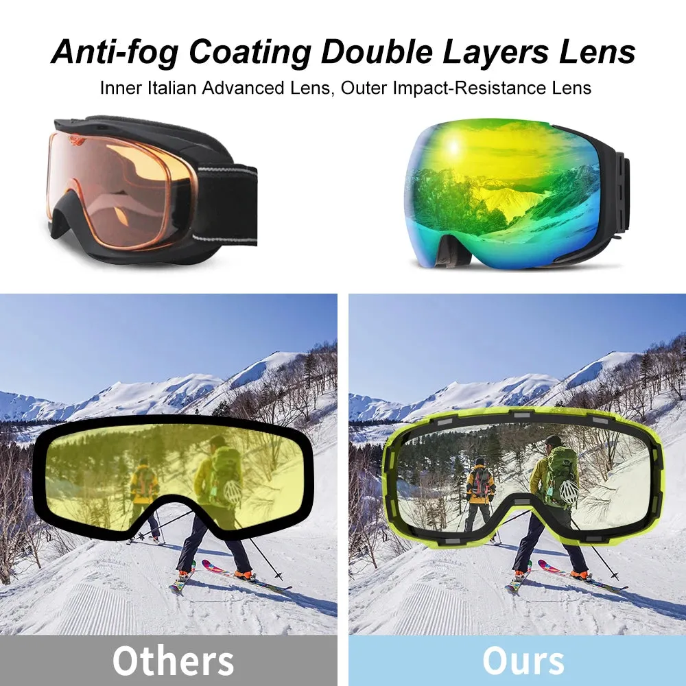 Professional Magnetic Ski Goggles for Men & Women UV400 Protection Anti-fog Snowboard Ski Glasses