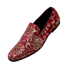 Red and Gold Sequin Loafers Luxury Design Men's Slip-on Dress Shoes