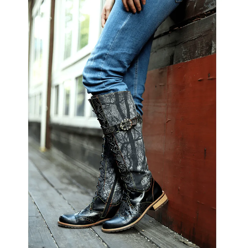 Retro Leather Knee High Boots