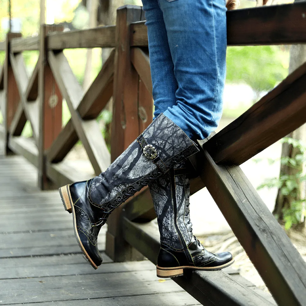 Retro Leather Knee High Boots