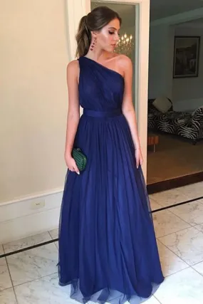 Royal Blue A-line Tulle One Shoulder Floor-length Long Prom Dresses TP0819