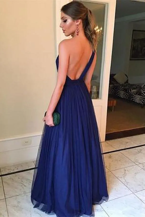 Royal Blue A-line Tulle One Shoulder Floor-length Long Prom Dresses TP0819