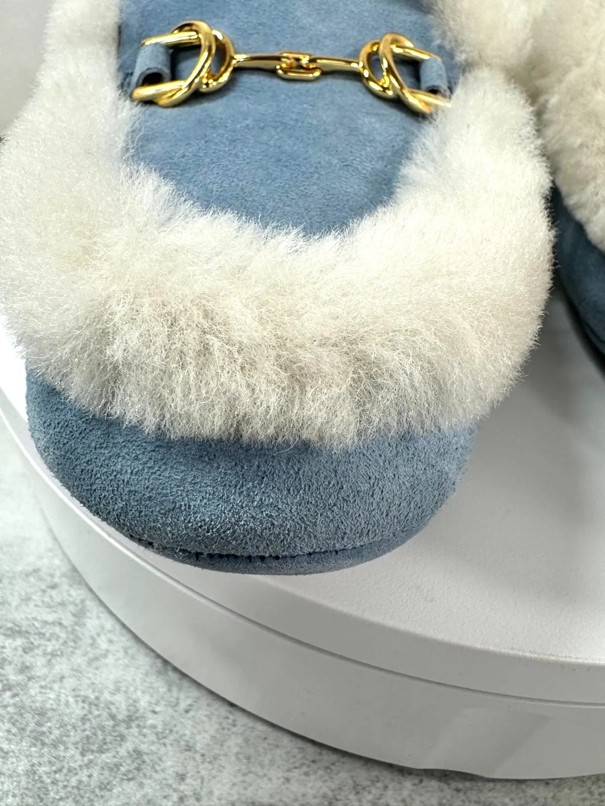 STUART WEITZMAN OWEN BUCKLE SHEARLING SUEDE LOAFERS