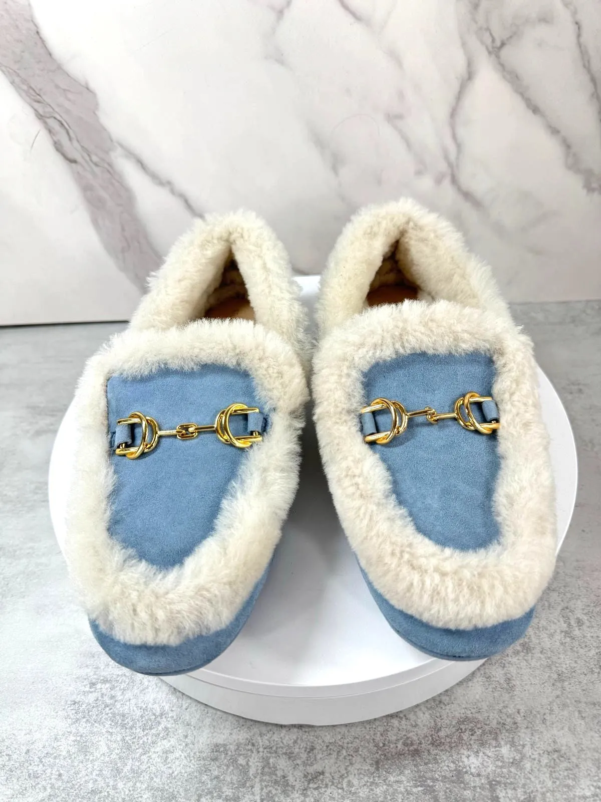 STUART WEITZMAN OWEN BUCKLE SHEARLING SUEDE LOAFERS