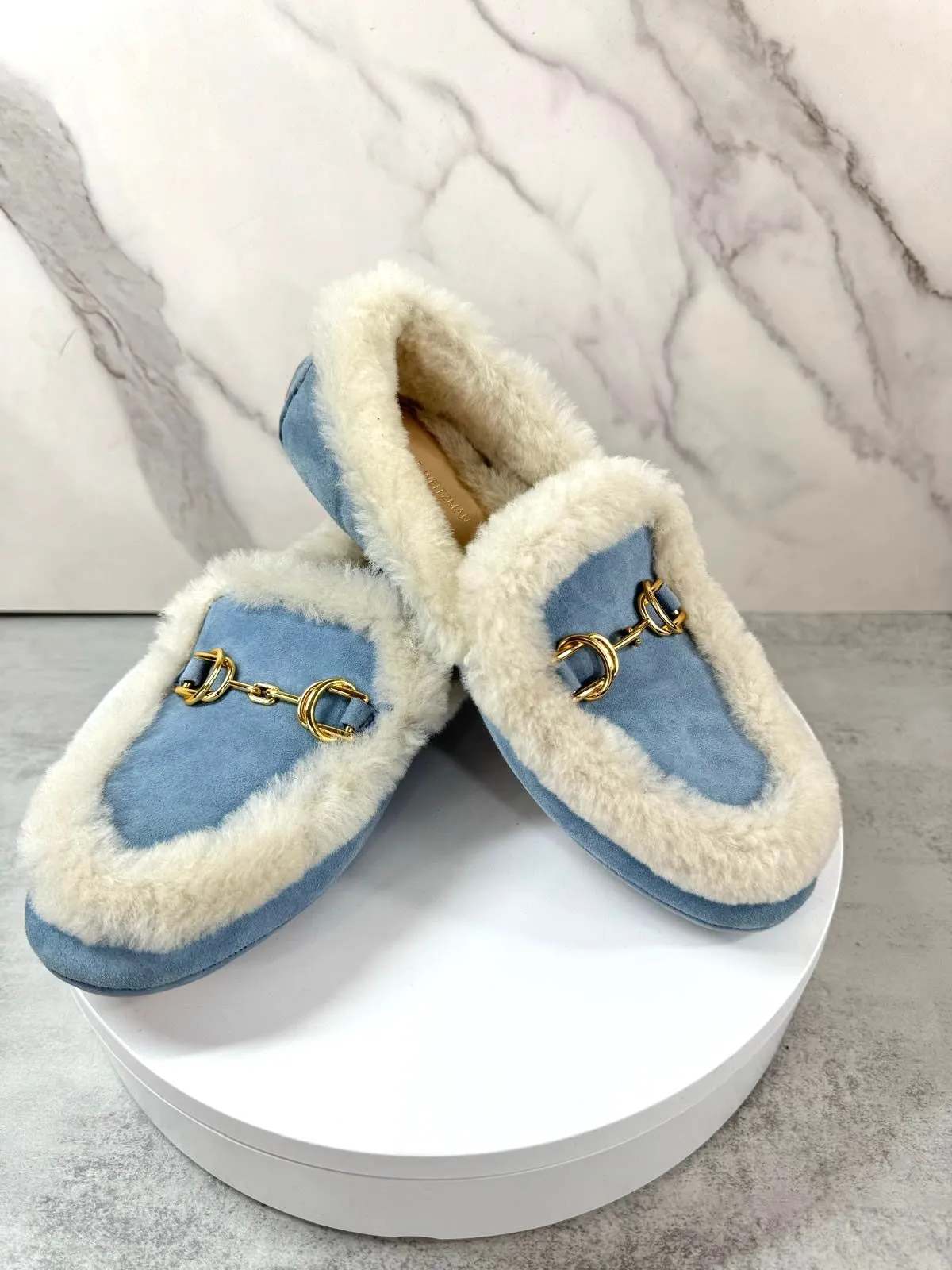 STUART WEITZMAN OWEN BUCKLE SHEARLING SUEDE LOAFERS